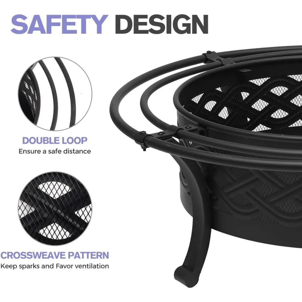 42 Inch Outdoor Wood Burning Fire Pit with Spark Screen and Fire Poker Round Metal Crossweave Design