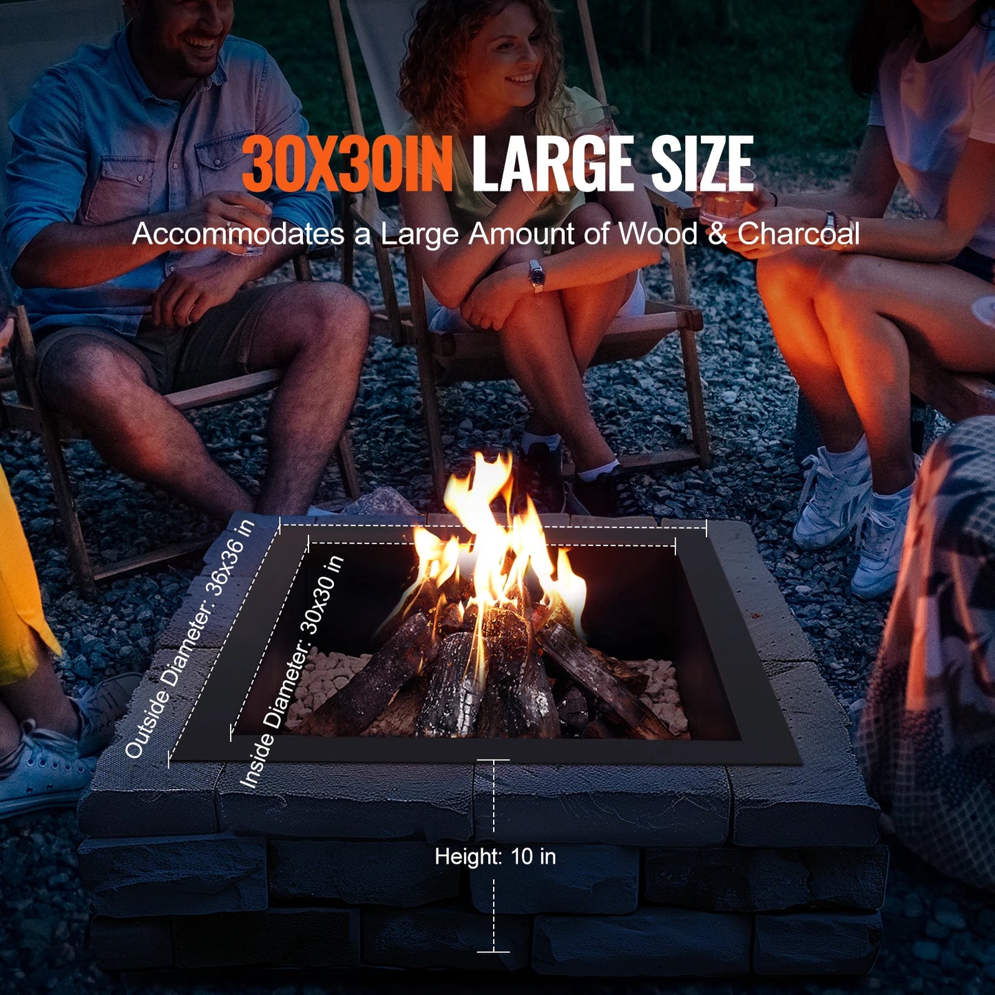 SucceBuy Square Fire Pit Ring 36x36 Inch Outer 30x30 Inch Inner Diameter 10 Inch Height Outdoor Camping Bonfire Insert