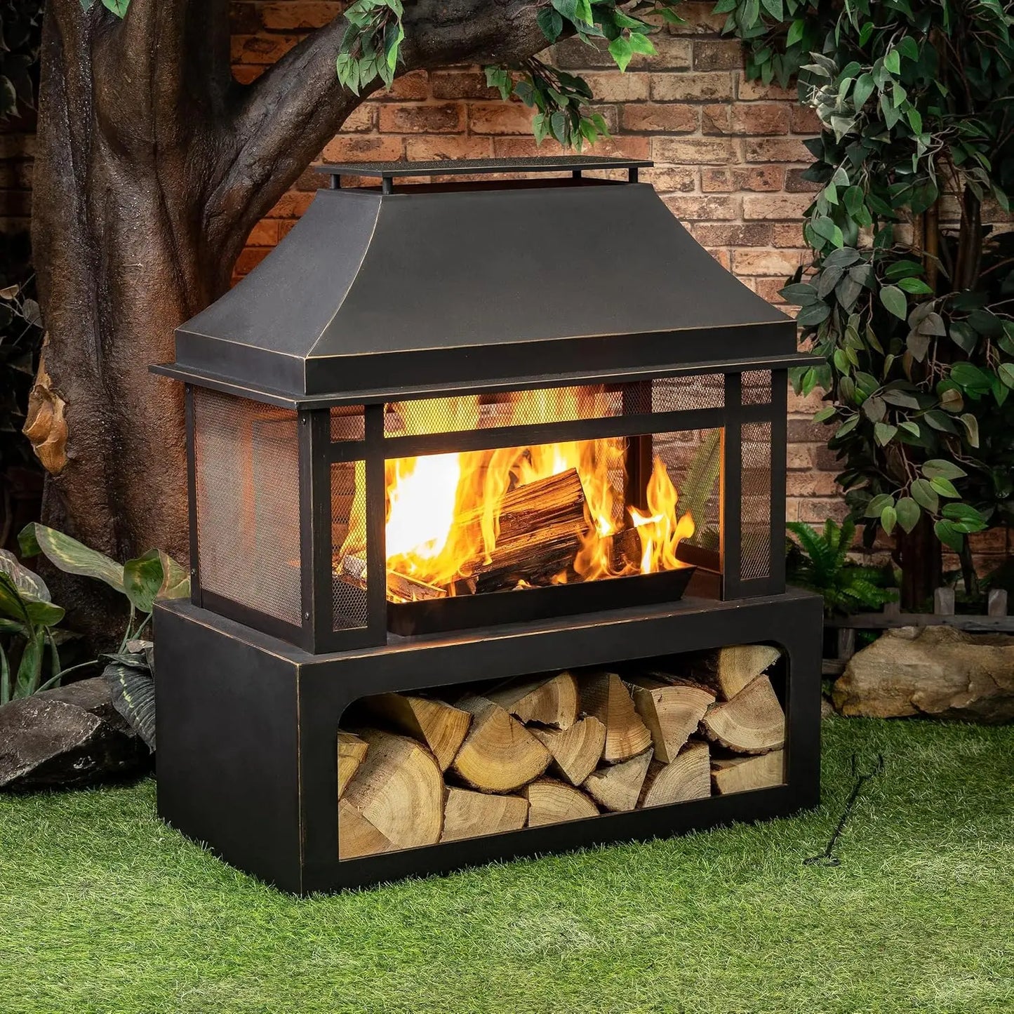 Outdoor Wood Burning Fireplace with Wood Storage and Removable Fire Grill 40 Inch Large Metal Wicker Base Fire Pit for Patio