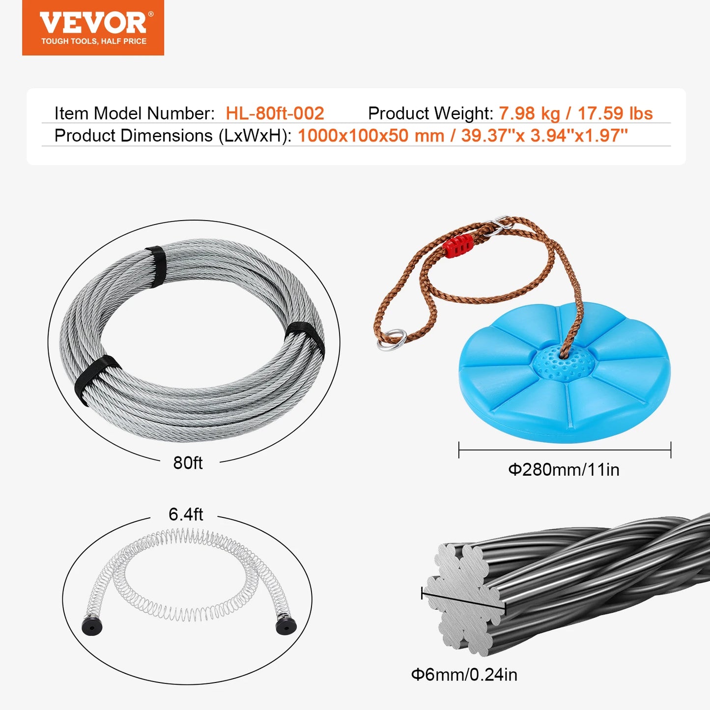 SucceBuy Zipline Kit 60 to 120 Feet Stainless Steel Safety Harness Seat Up to 500 Pounds Backyard Outdoor Playground Entertainment
