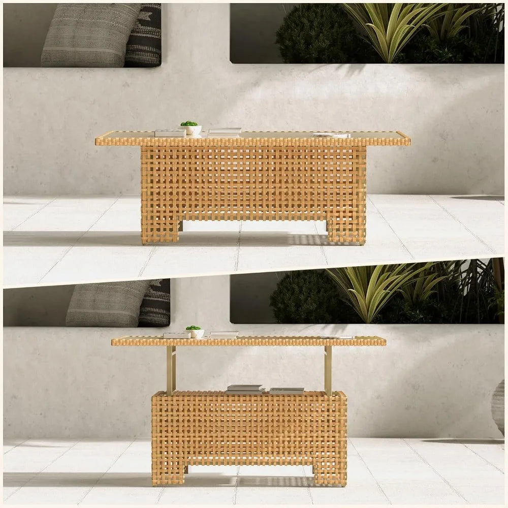 Beige Wicker Rattan Lift Top Coffee Dining Table Outdoor