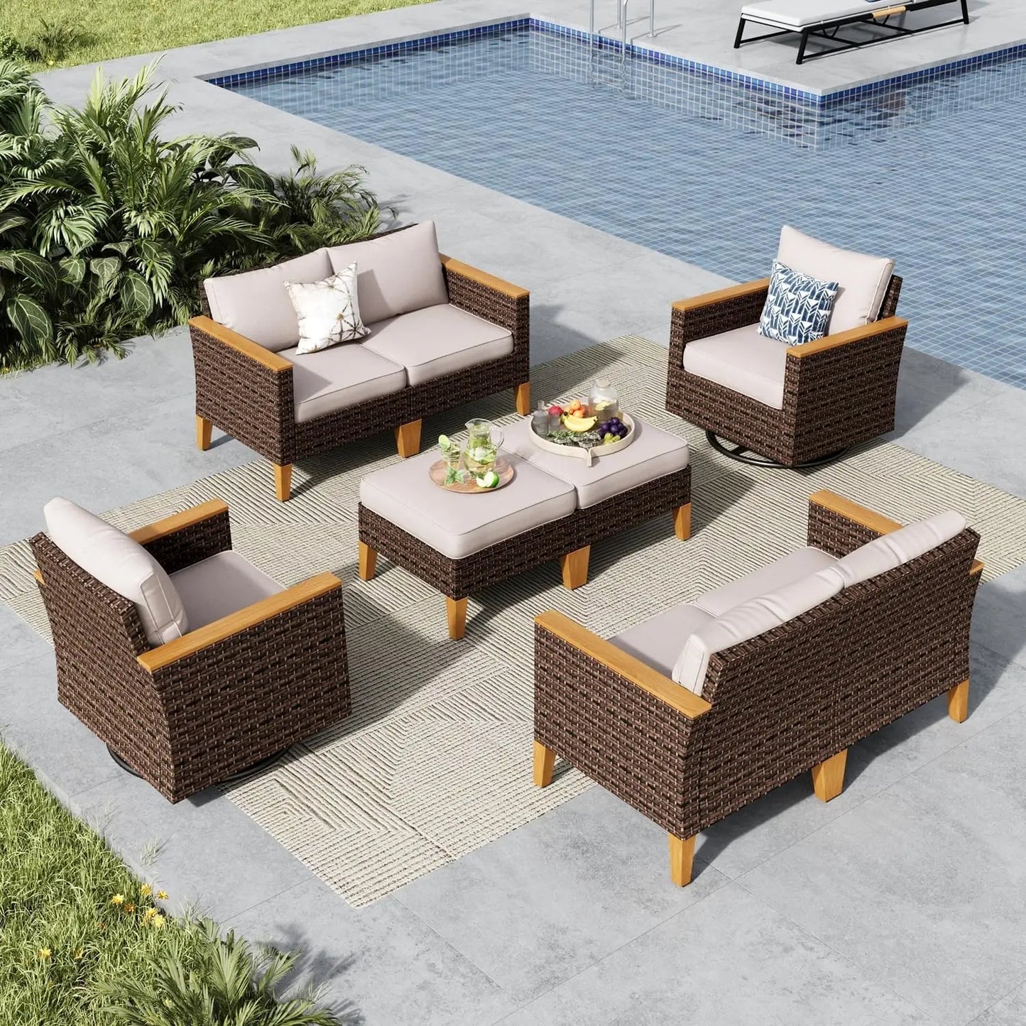 9 Piece Wicker Patio Furniture Set with 56 Inch Fire Pit Table All Weather PE Rattan Sectional Sofa Conversation Set