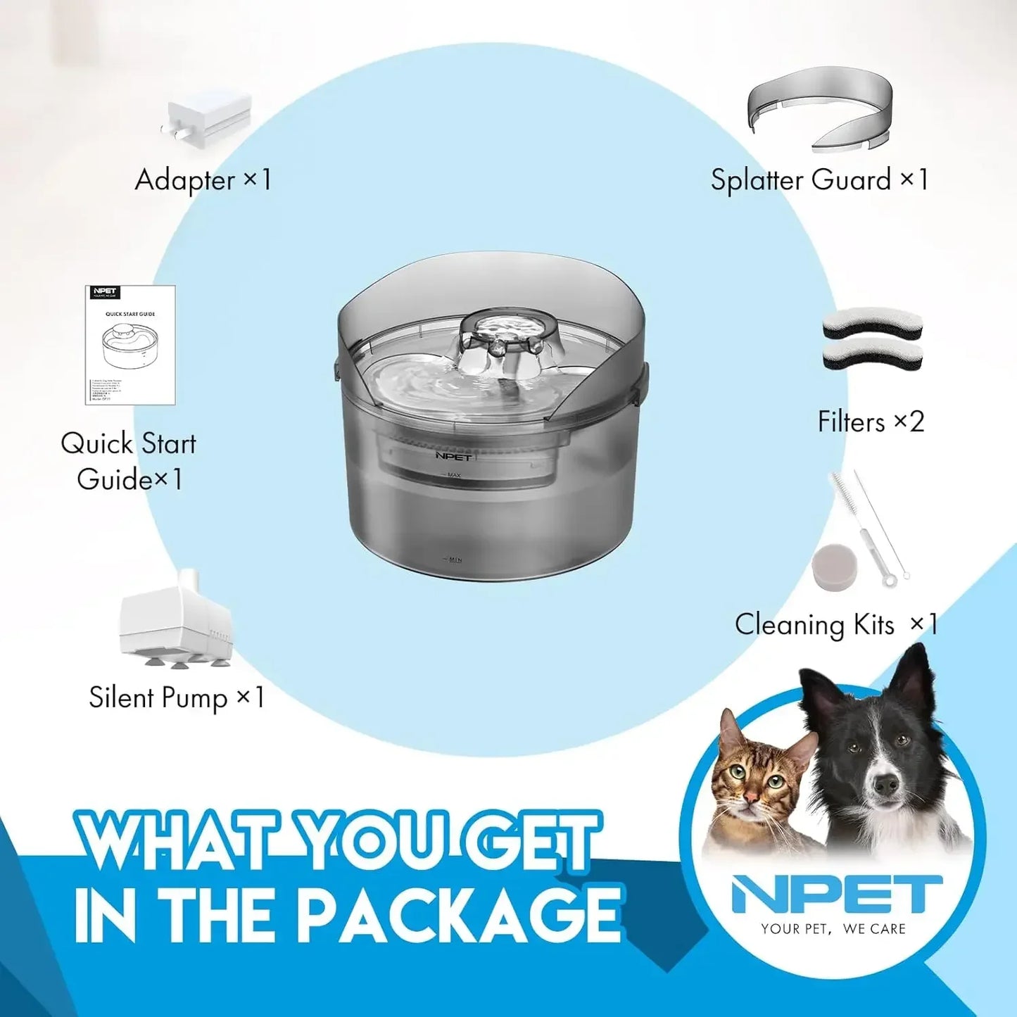 Npet Large Automatic Dog Water Fountain 8L 2 Gallon Water Dispenser with Splatter Guard for Multiple Pets and Large Dogs