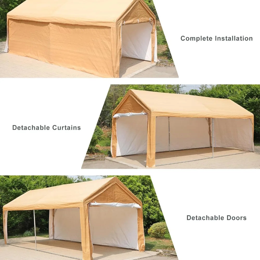 10x20 Ft Heavy Duty Carport Canopy With Sidewalls Beige