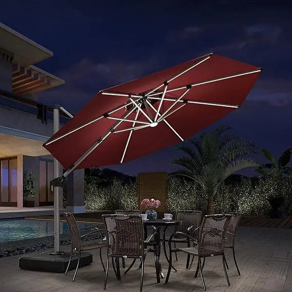 11Ft Solar Powered LED Cantilever Patio Umbrella Beige