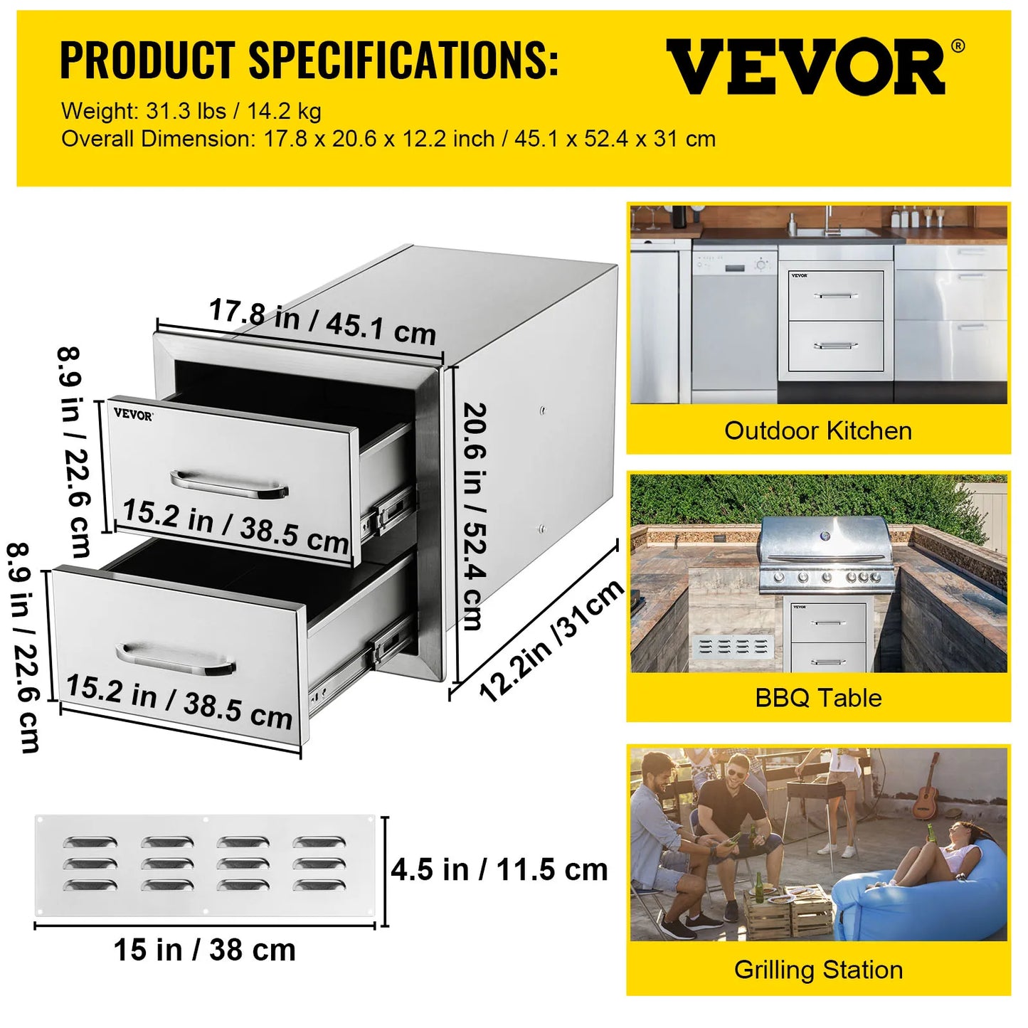 SucceBuy Stainless Steel Outdoor Kitchen Drawers with Handle Large Storage BBQ Island Weather Resistant