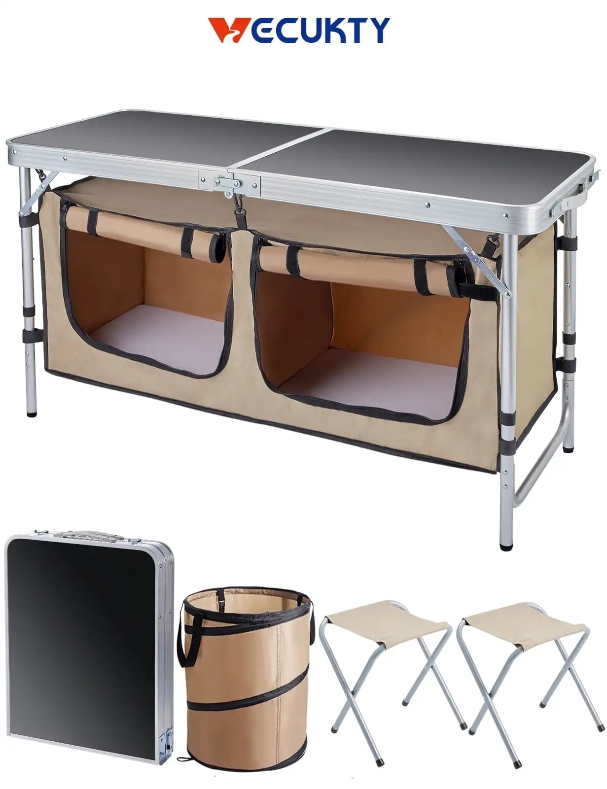 Portable Camping Table Set Aluminum Kitchen Station with Storage Adjustable Feet and Trash Can Brown