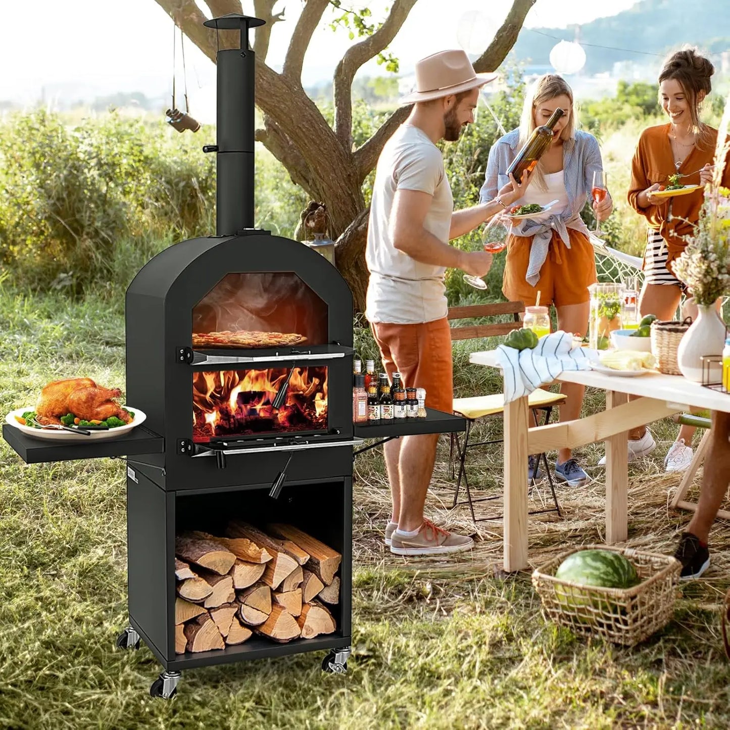 Pizza Oven Outdoor Wood Fired Oven With Two Side Tables Stone Peel Cover Cooking Grids