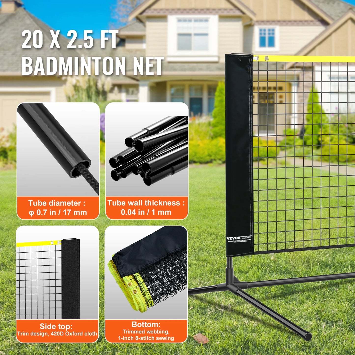 VEVOR 20FT Height Adjustable Portable Badminton Volleyball Pickleball Tennis Net Set with Poles