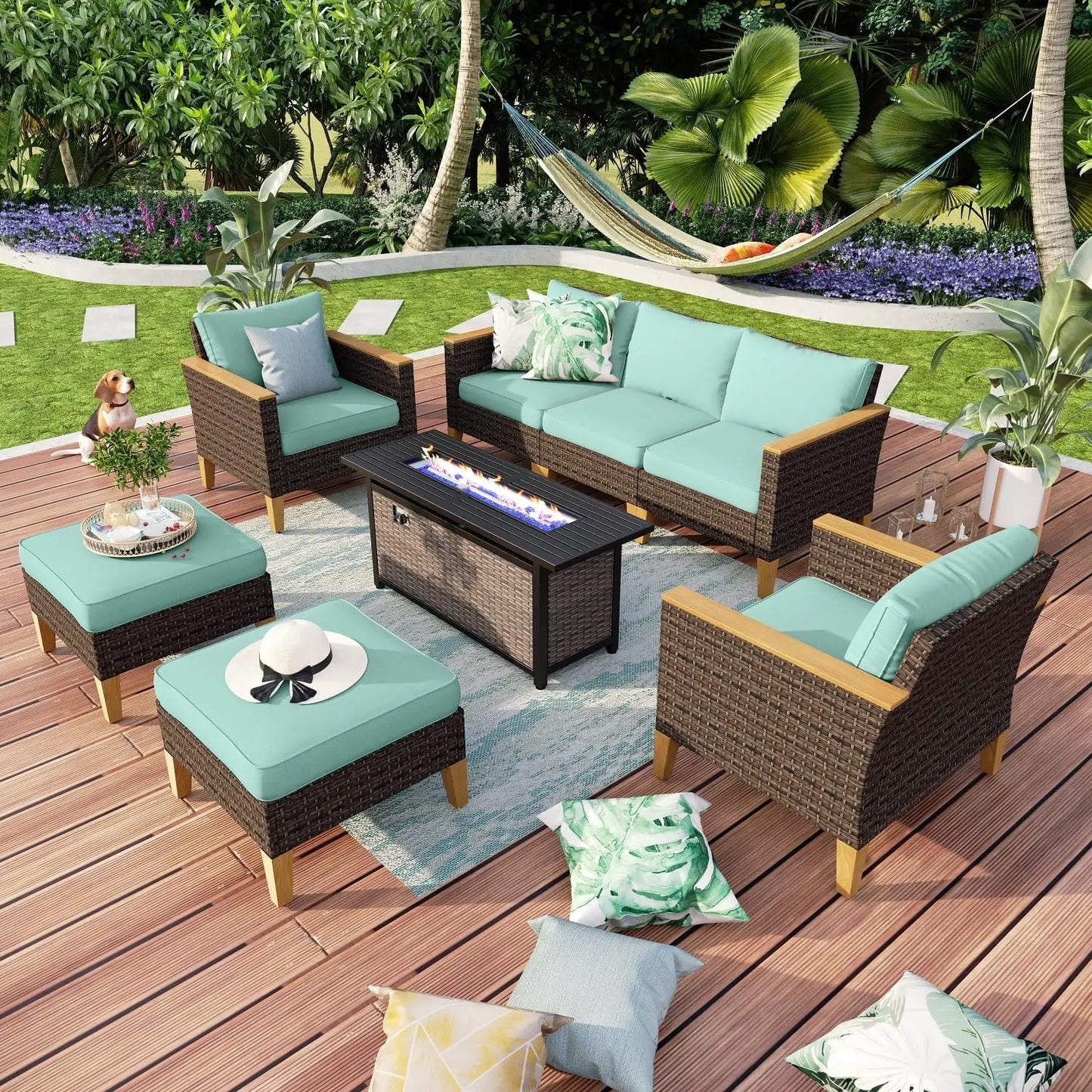 9 Piece Wicker Patio Furniture Set with 56 Inch Fire Pit Table All Weather PE Rattan Sectional Sofa Conversation Set