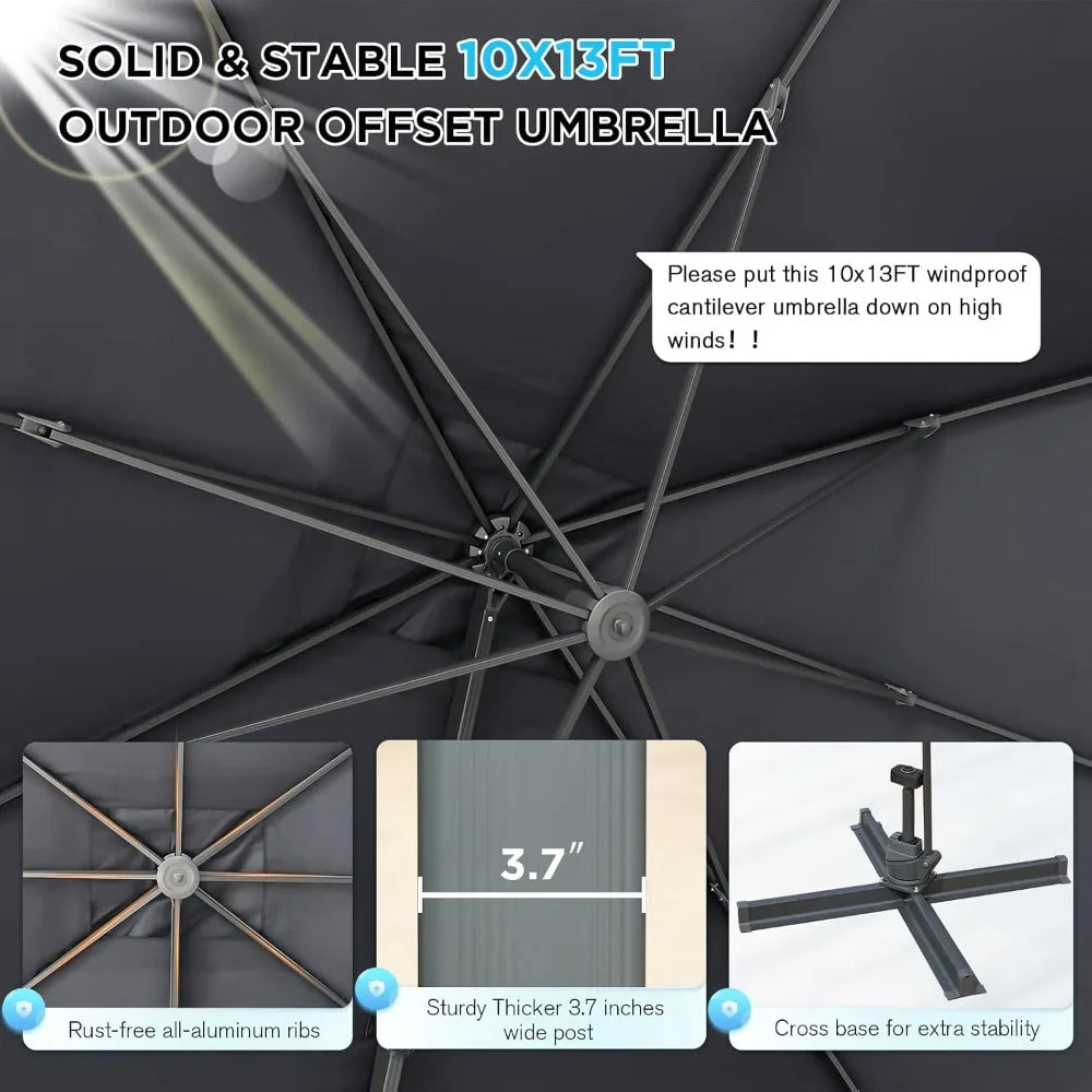 Extra Large 10x13 Ft Rectangular Cantilever Patio Umbrella