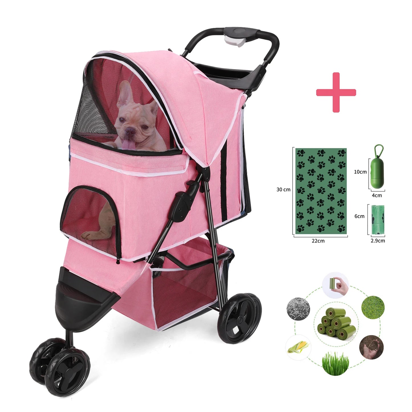 Foldable Pet Stroller With 360 Degree Swivel Wheels Basket