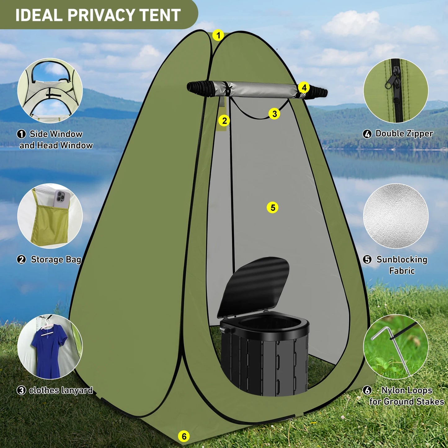Portable Camping Toilet With 1.5m Pop Up Privacy Tent