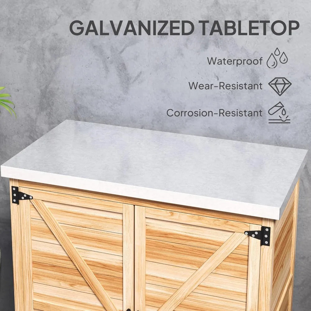 Outdoor Storage Cabinet Wooden Tool Storage Box with Metal Tabletop and Shelf Potting Bench Table with Double Doors