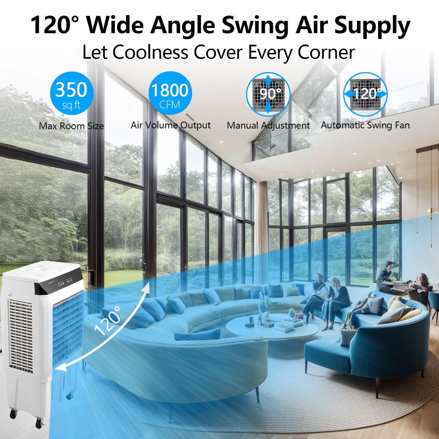 Evaporative Air Cooler 1800 CFM Swamp Cooler with Remote Control 12 Hour Timer 4 Ice Packs 3 Modes and Wind Speeds 8.4 Gallon