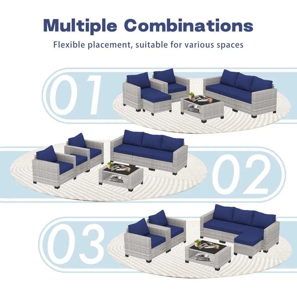 7 Piece Outdoor Patio Furniture Set Rattan Sectional Chairs Glass Table Wicker Conversation Seating
