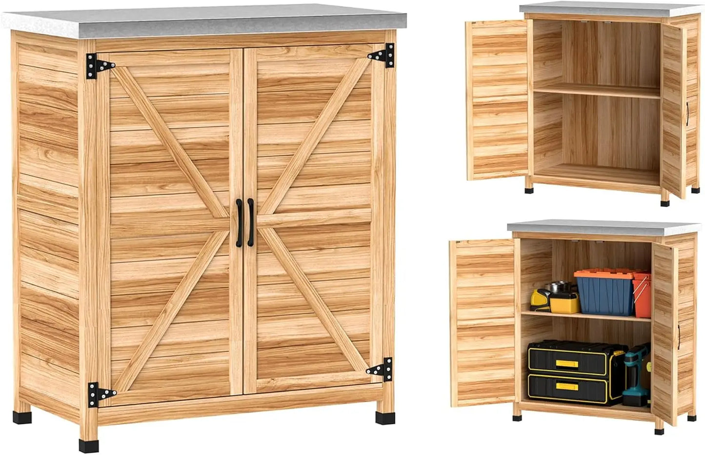 Outdoor Storage Cabinet Wooden Tool Storage Box with Metal Tabletop and Shelf Potting Bench Table with Double Doors