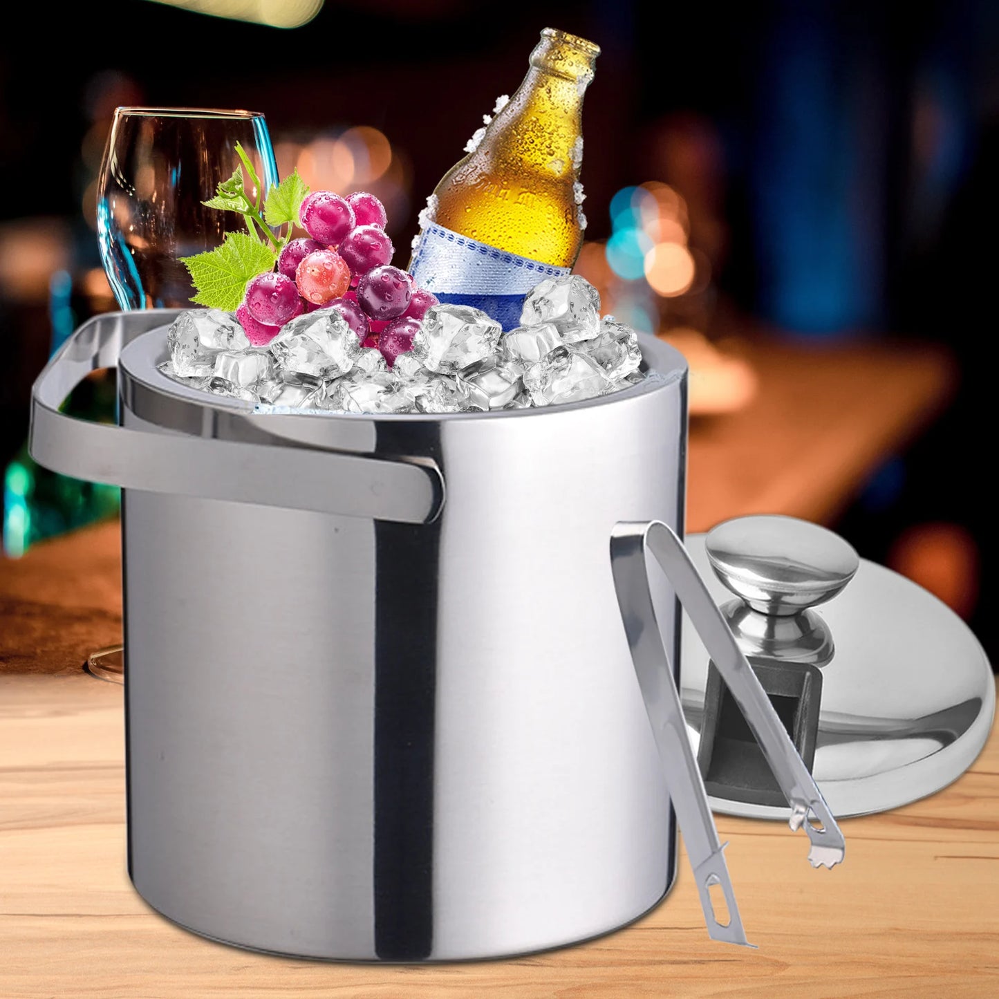 1.3L Double Layer Stainless Steel Ice Bucket Champagne Cooler