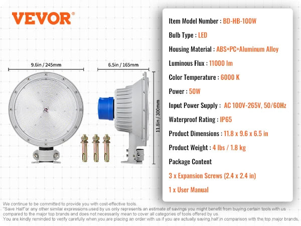 Vevor LED Barn Light 100W 6000K Daylight Floodlight Outdoor