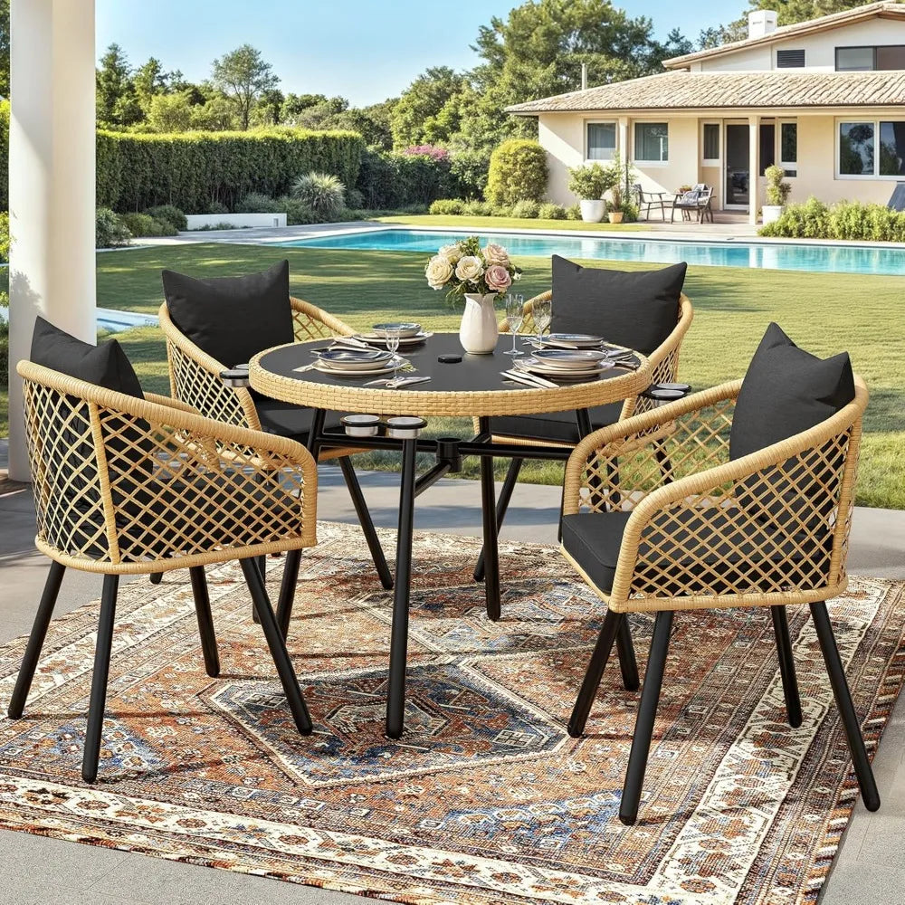 5 Piece Rattan Outdoor Dining Set For 4 With Cushions