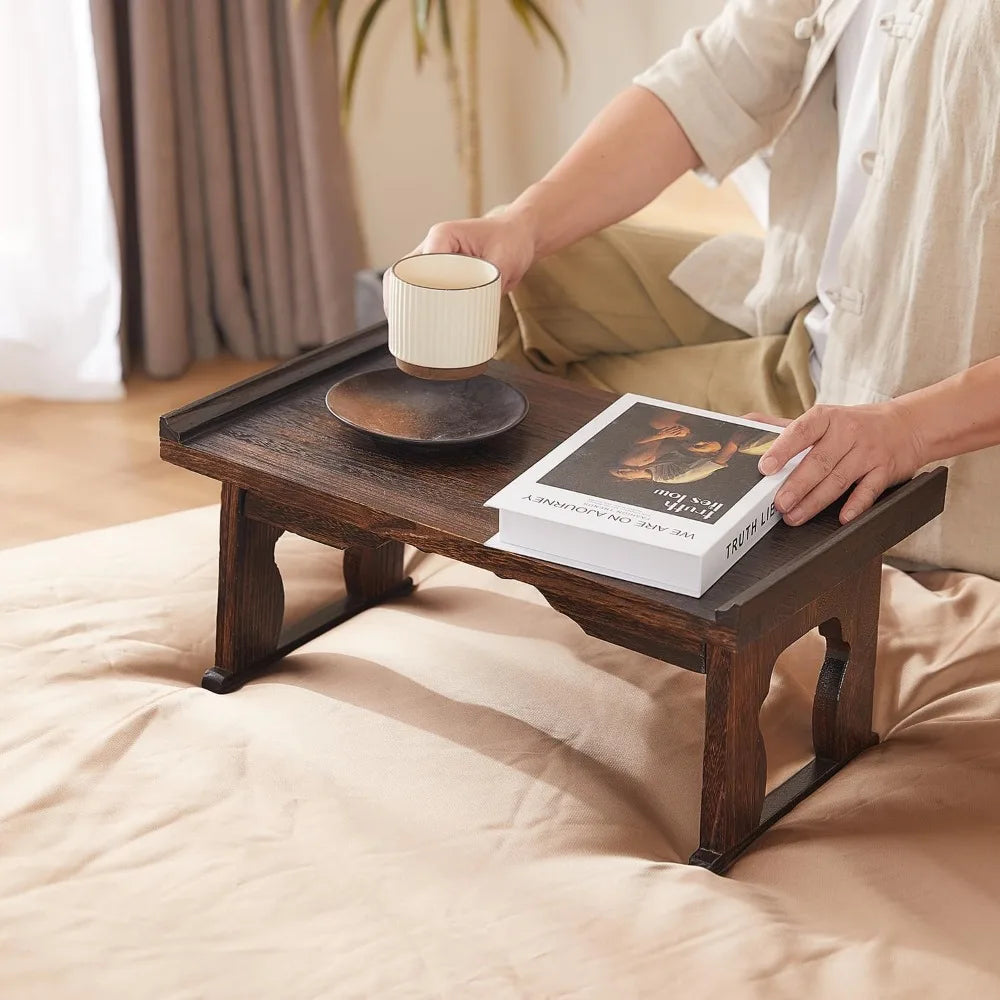 Japanese Floor Table Small Coffee Tea Table Wood Bed Table Tray with Foldable Legs Bed Laptop Desk