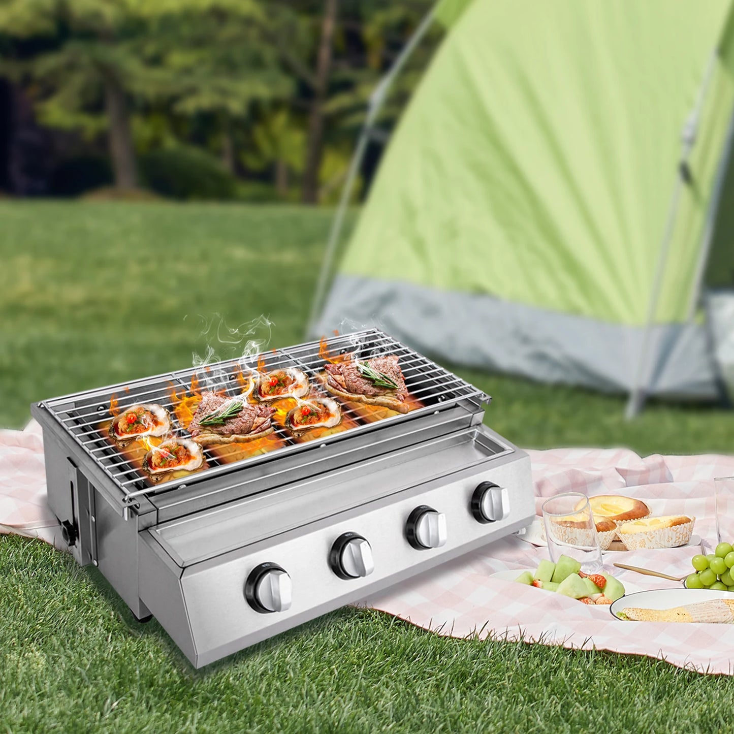 Stainless Steel Smokeless Barbecue Grill 4 Burners LPG Gas Portable Outdoor Patio Garden Grill
