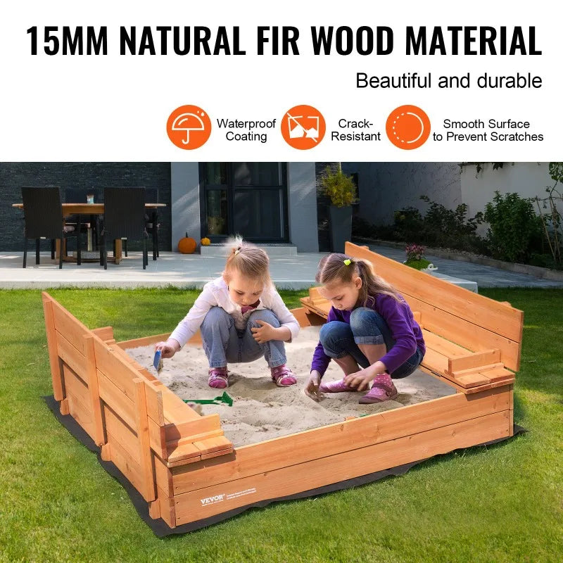 Wooden Sandbox 52.4 x 47.2 x 16.9 Inch Natural Wood Kids Sandbox Backyard Gift for Boys and Girls Ages 3 to 12