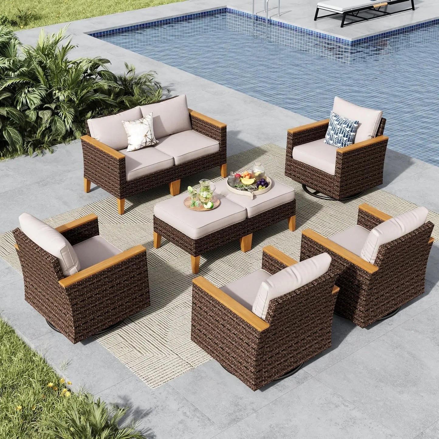 9 Piece Wicker Patio Furniture Set with 56 Inch Fire Pit Table All Weather PE Rattan Sectional Sofa Conversation Set