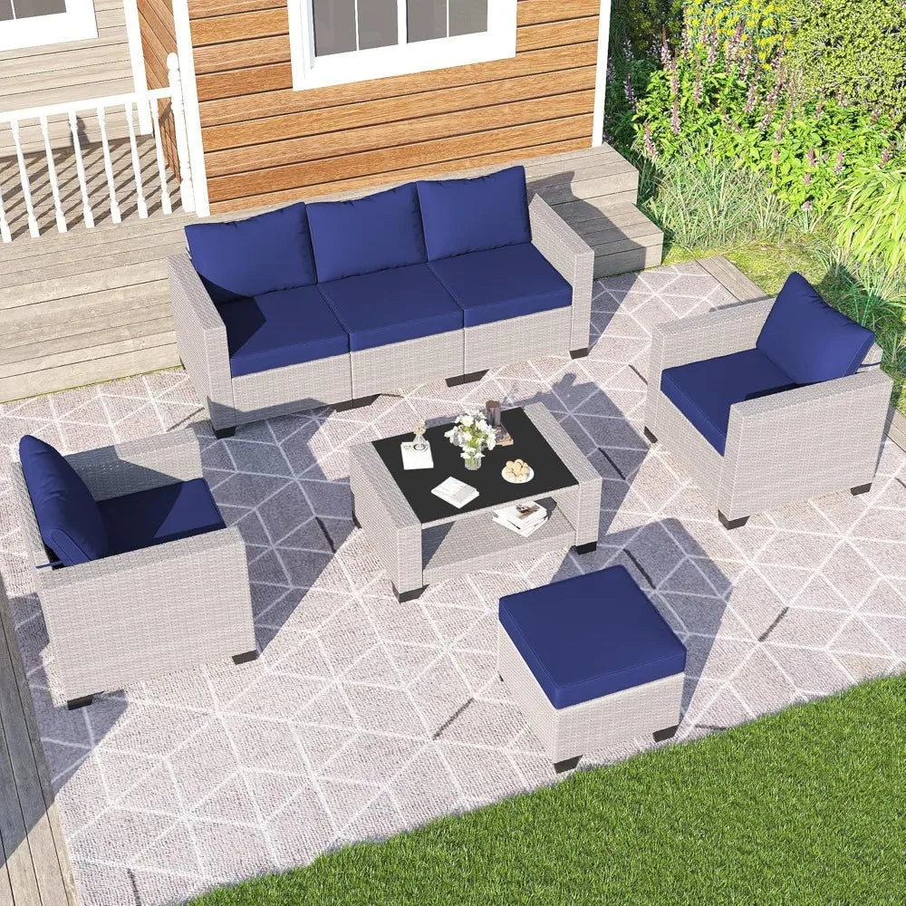 7 Piece Outdoor Patio Furniture Set Rattan Sectional Chairs Glass Table Wicker Conversation Seating