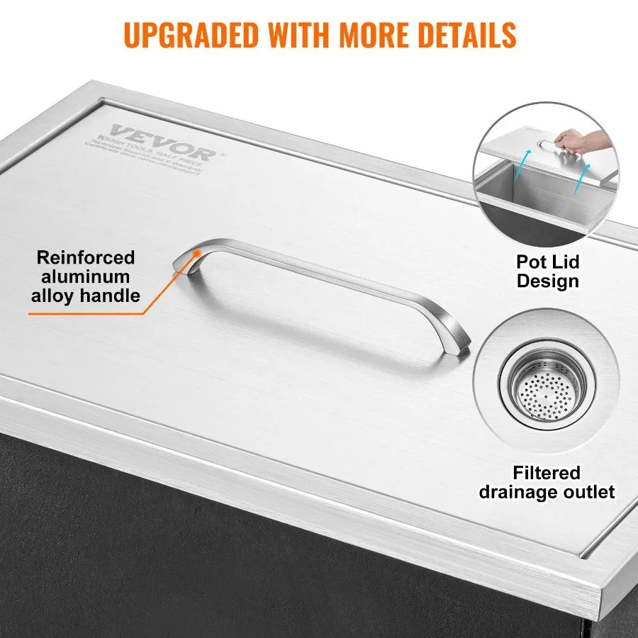 Drop In Ice Chest 20L X 14W X 12H Stainless Steel Ice Cooler Commercial Ice Bin With Cover 40 Qt Outdoor Kitchen Ice Bar Drain