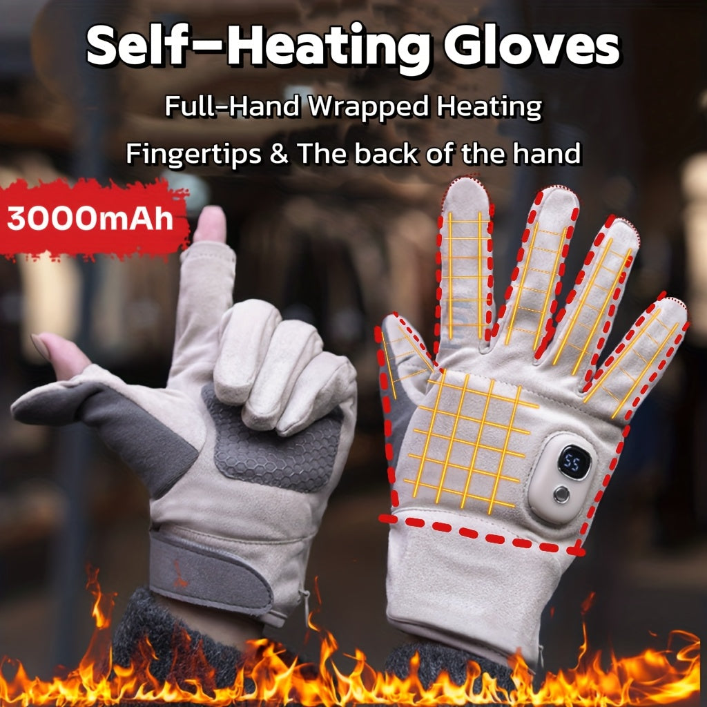 Electric Heated Gloves Rechargeable 3 Temperature Settings Washable Detachable Thumb And Index Finger 3000mAh