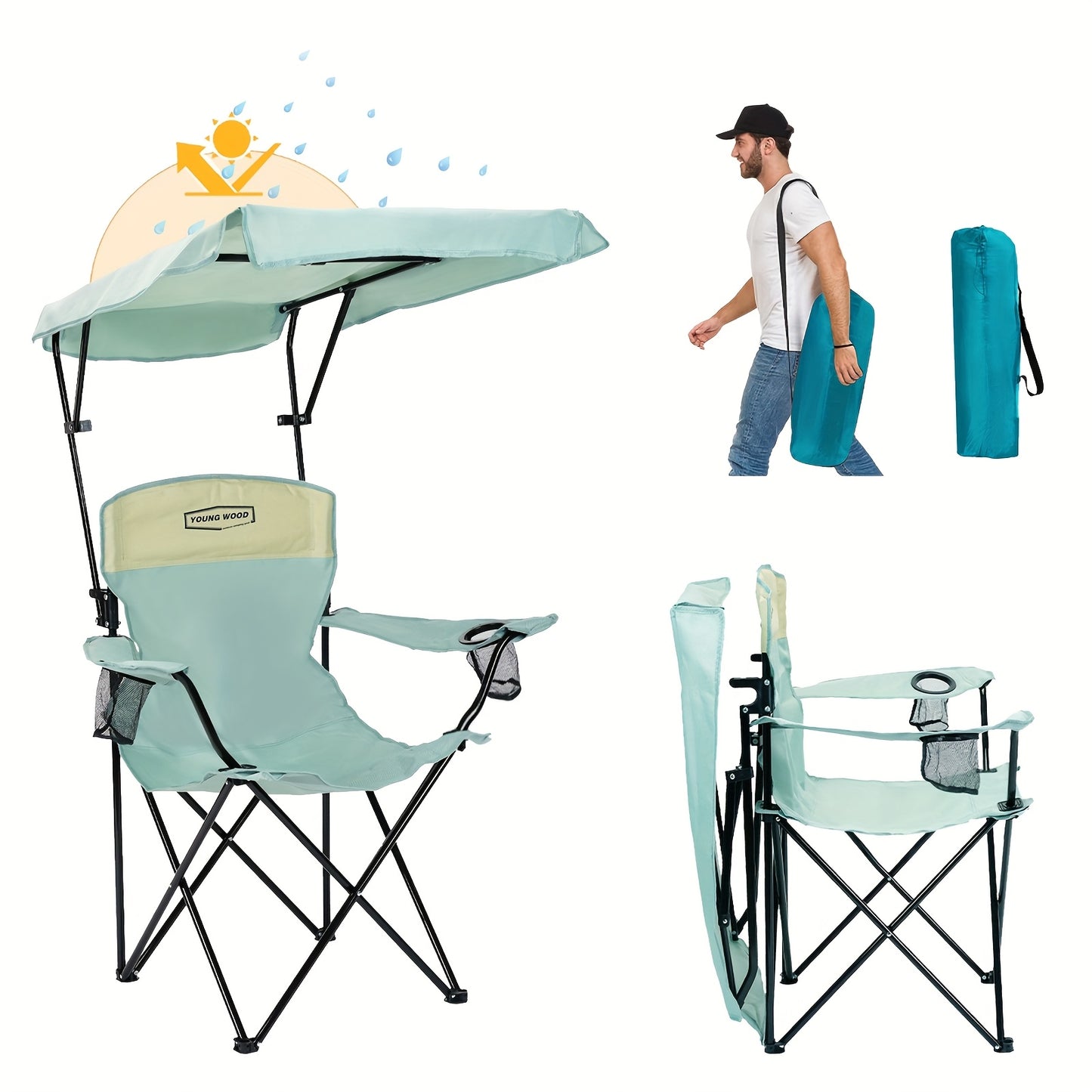 Outdoor Sunshade Chair With Adjustable Canopy And Armrests, Cup Holder, Foldable Storage Bag For Outdoor Use