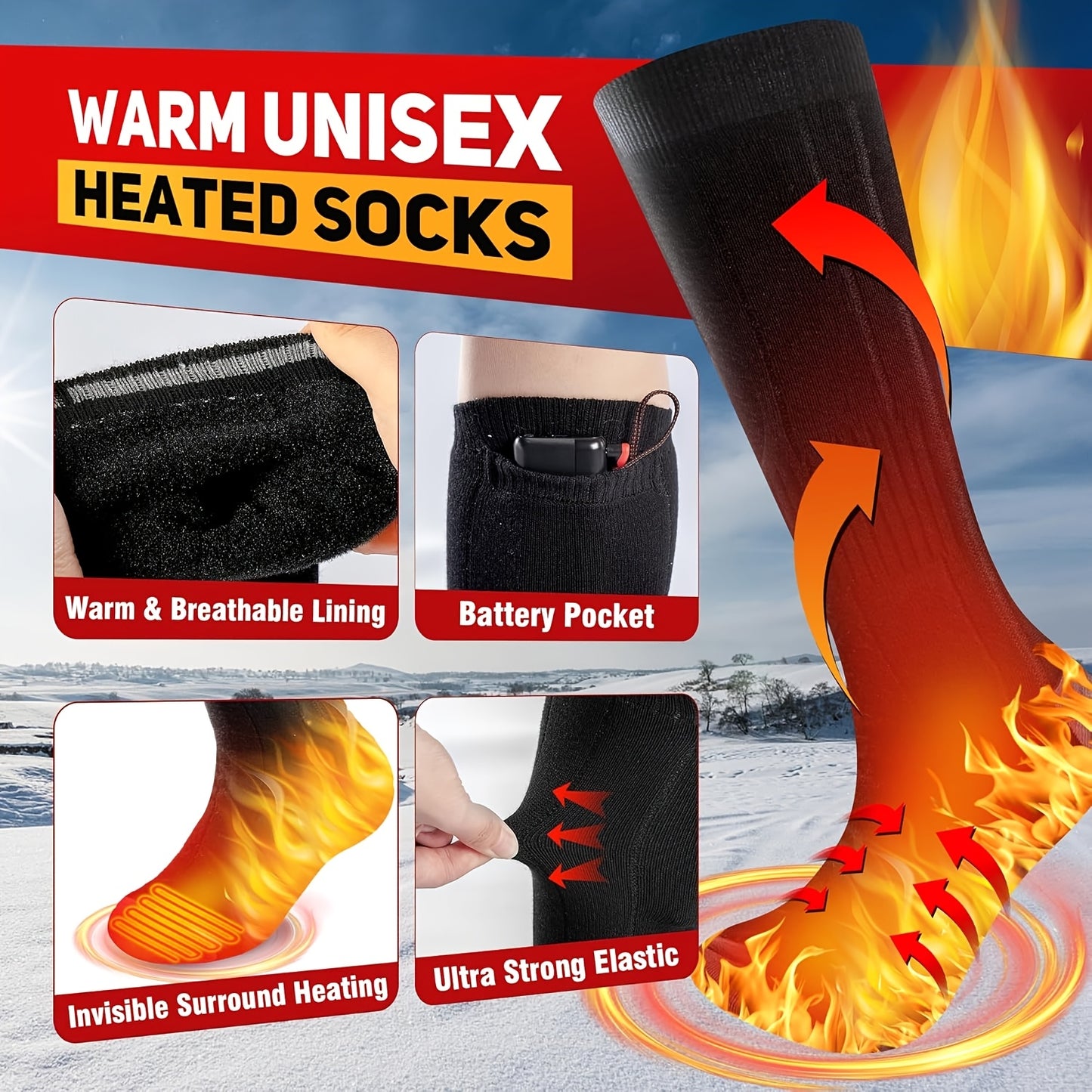 Heated Socks For Men And Women 3 Heating Settings Washable Electric Thermal 2x 4000mAh Rechargeable Batteries Outdoor