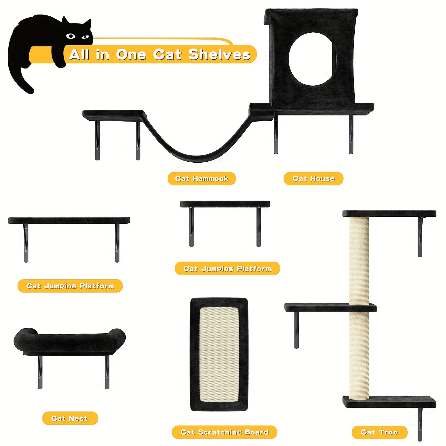 6 Pcs Deluxe Wall Mounted Cat Climbing Shelf Multi Level