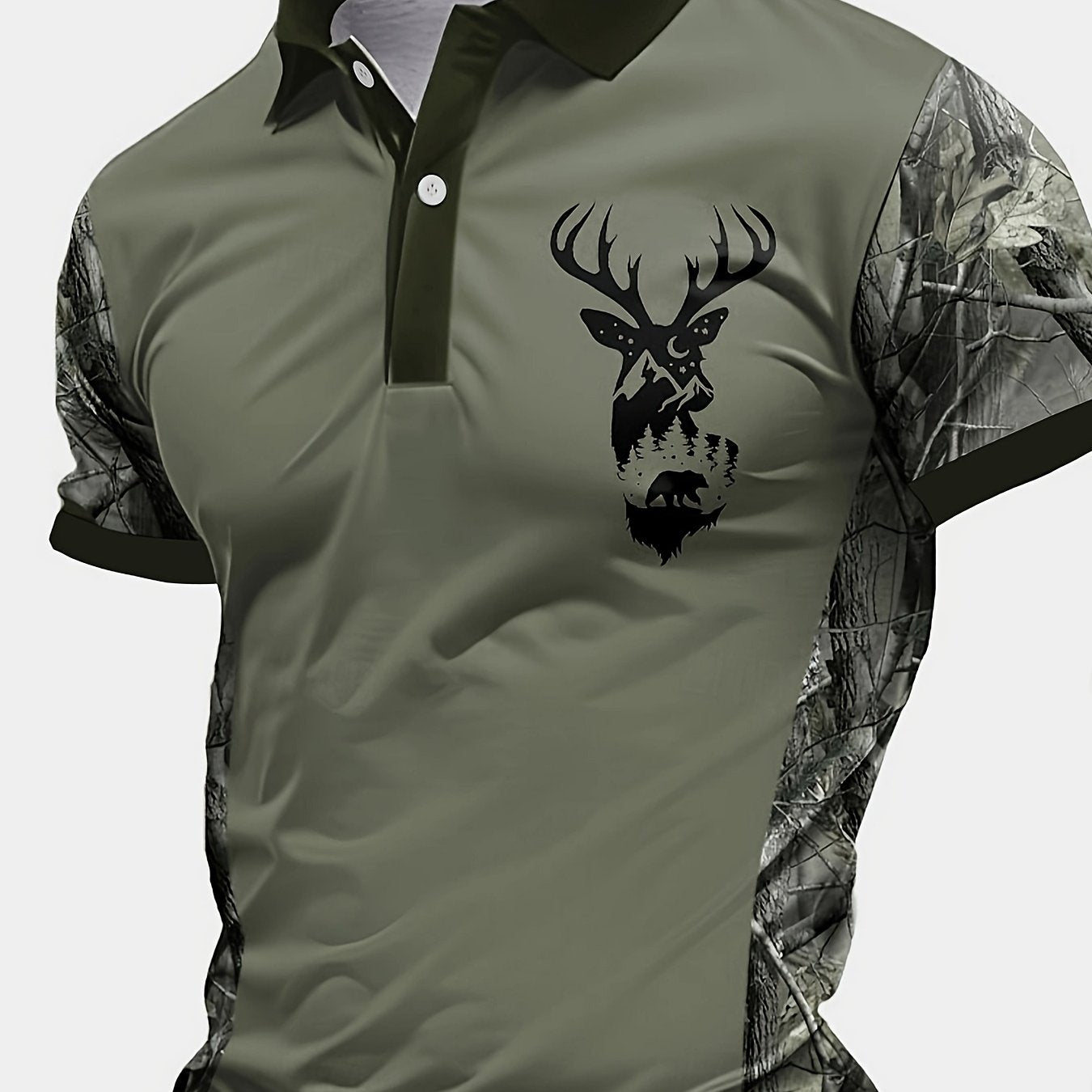 Men's Camo Deer Graphic Shirt Short Sleeve Button Up