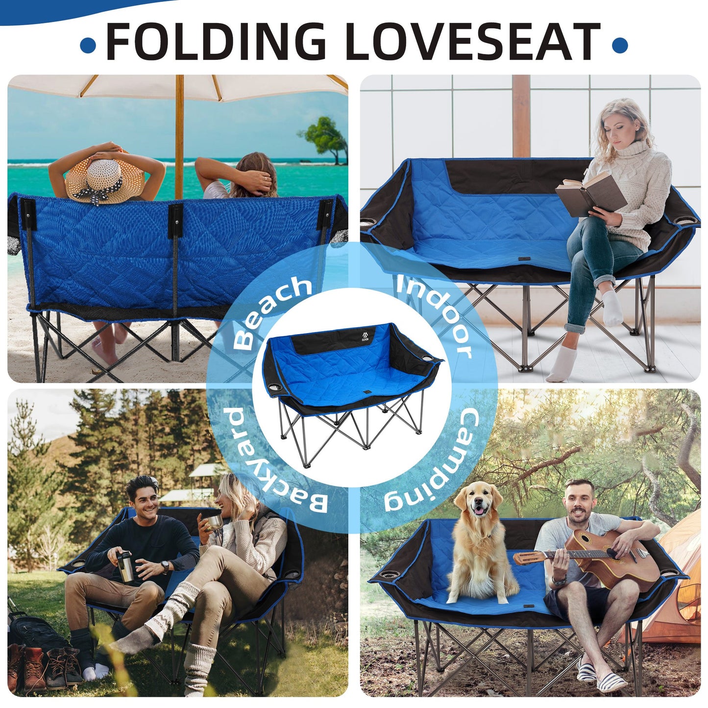 FITVIDS 2 Person Camping Chair Heavy Duty Outdoor Chair With Cup Holders Carry Bag Portable Collapsible Beach Picnics