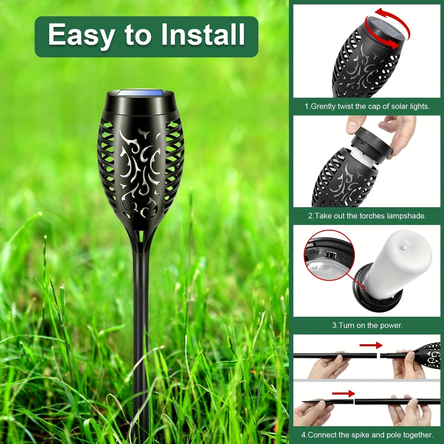 8 Pack Solar Torch Lights Outdoor Waterproof Flickering Flame Tiki Garden Pathway Realistic Fire Effect Auto On Off