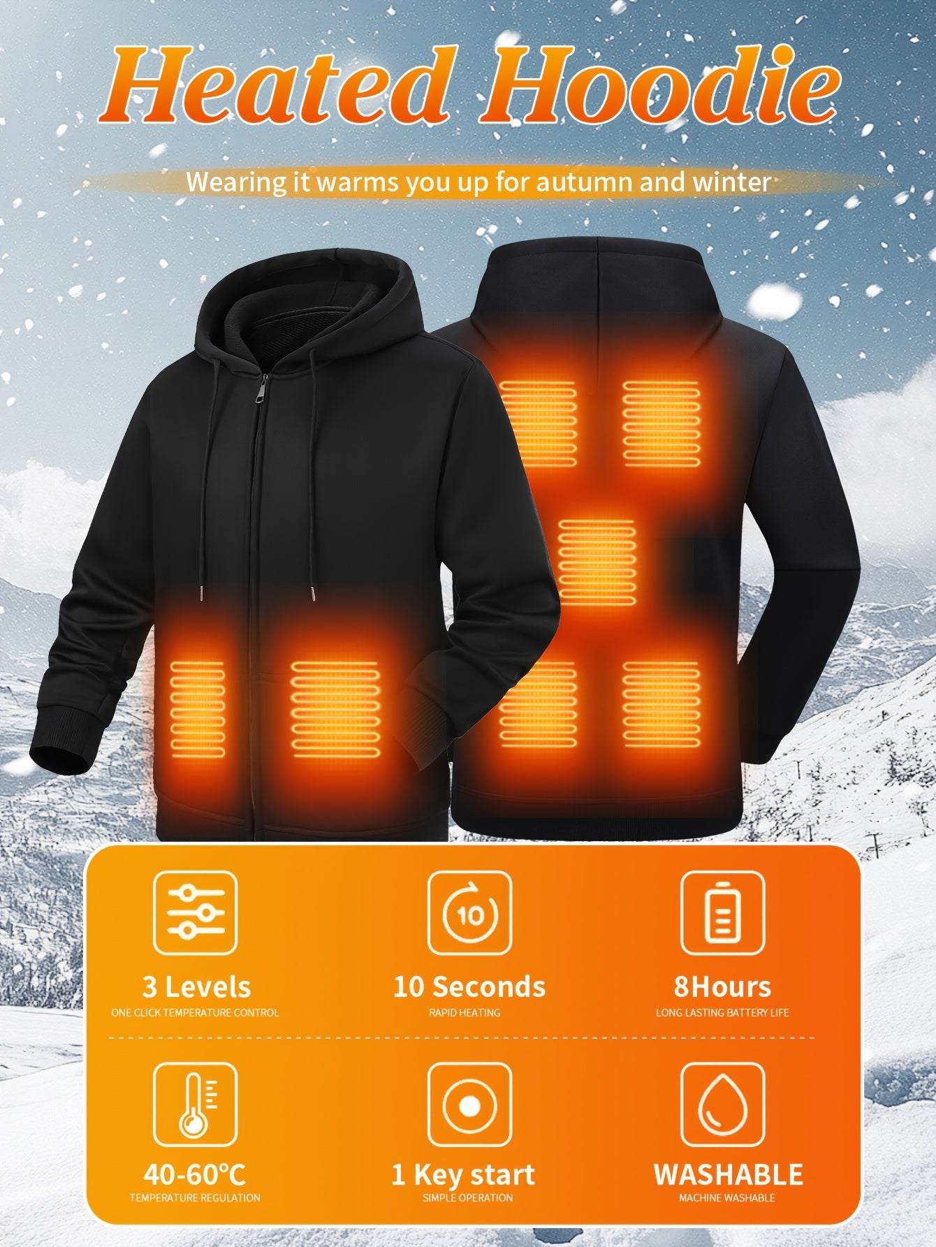 Powered Heated Jacket Full Zip Hooded Winter Coat For Outdoor Activities Running Skiing Machine Washable
