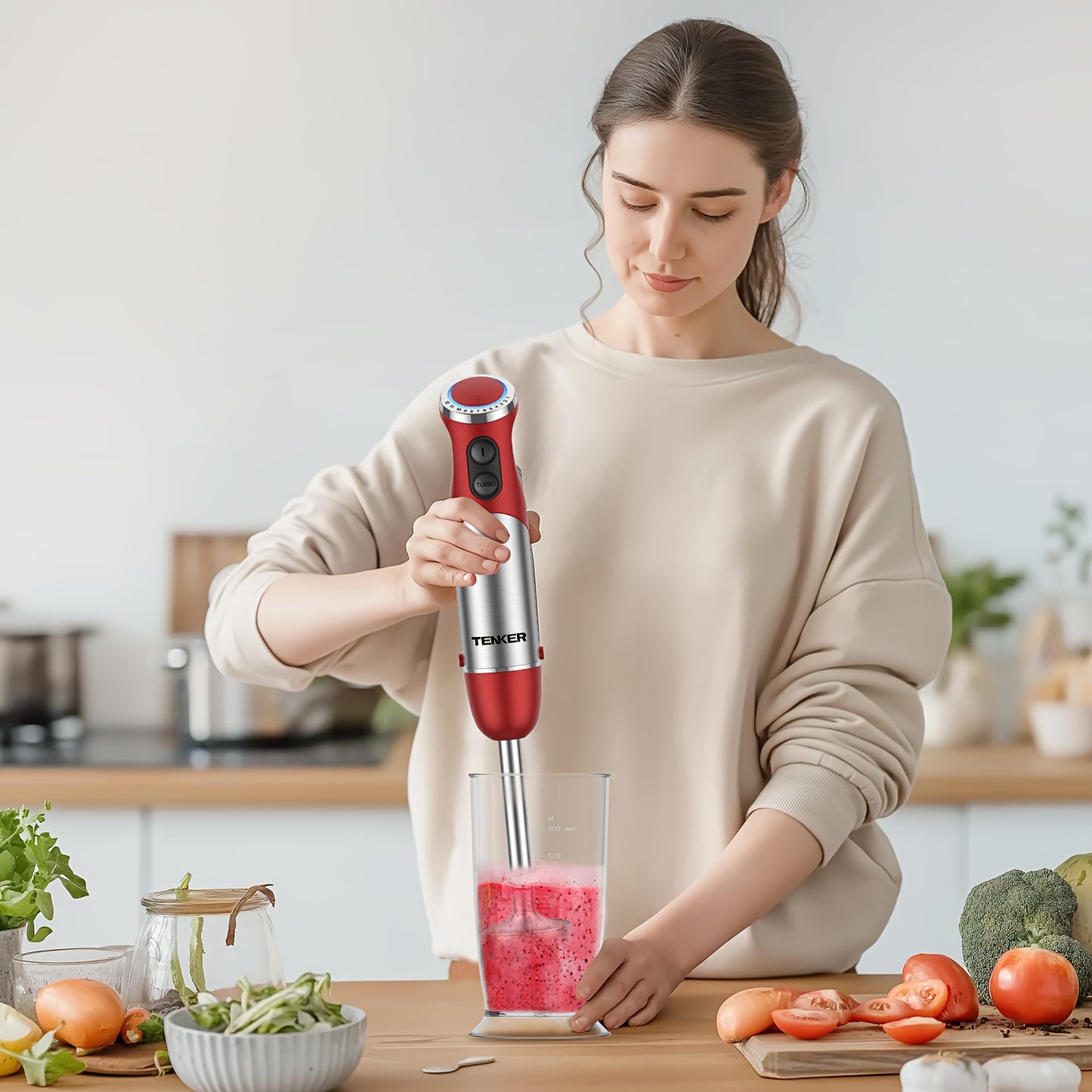 Tenker 5 In 1 Immersion Hand Blender With 12 Speed Motor Stainless Steel Stick Chopper Whisk Milk Frother Cordless Red