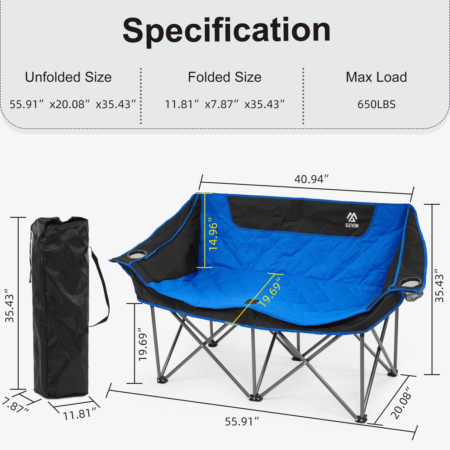 FITVIDS 2 Person Camping Chair Heavy Duty Outdoor Chair With Cup Holders Carry Bag Portable Collapsible Beach Picnics