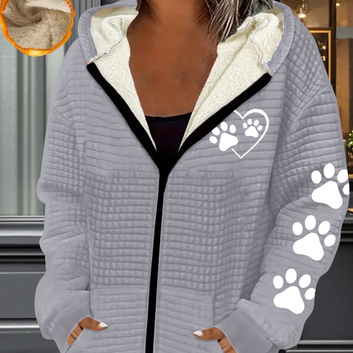 Womens Thermal Full Zip Hooded Jacket Paw Print Pattern