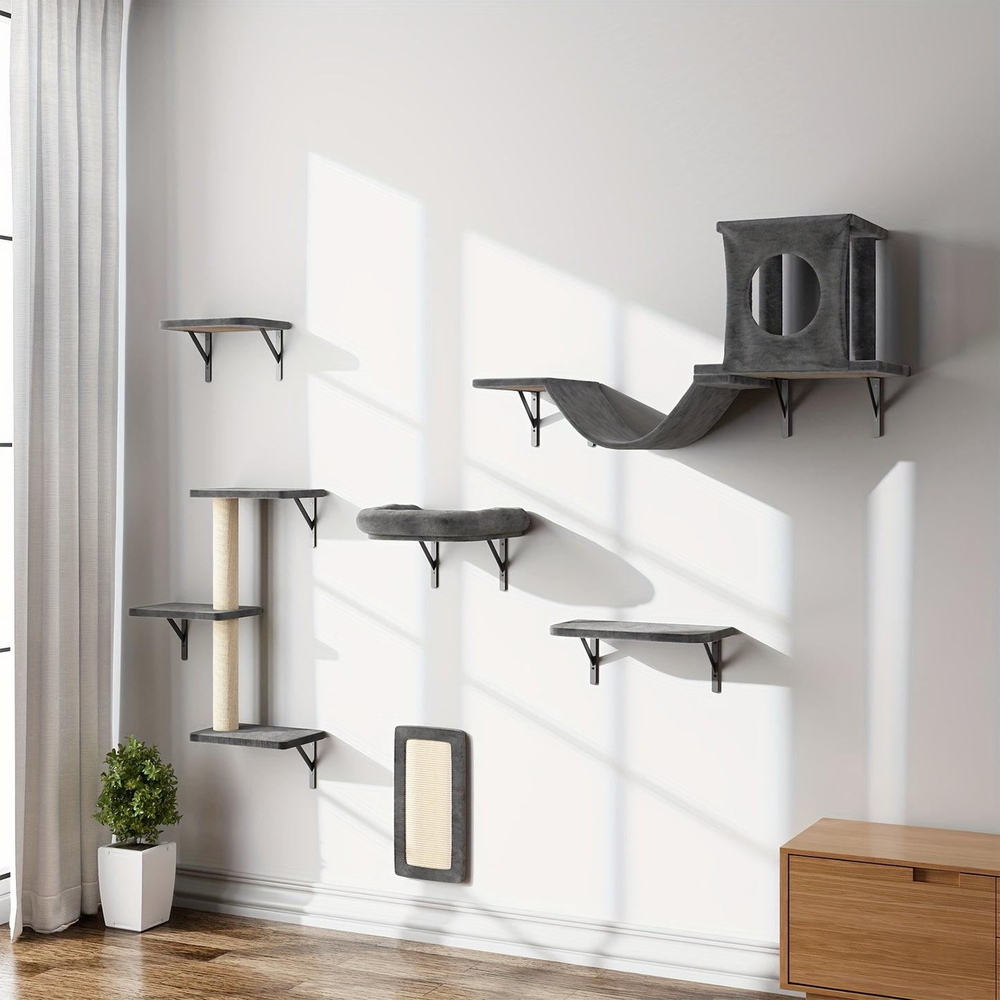 6 Pcs Deluxe Wall Mounted Cat Climbing Shelf Multi Level