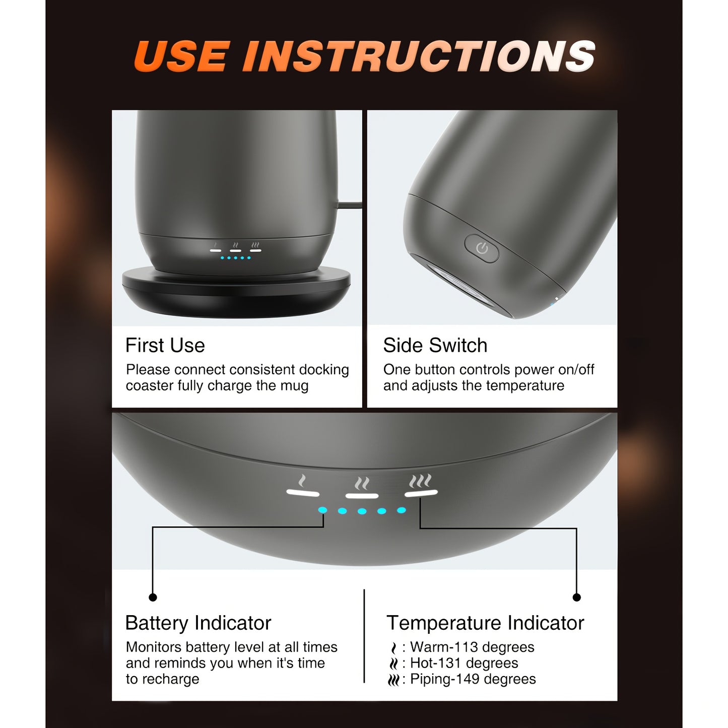 Kepwam Self Heating Coffee Mug T2 16oz 150 Minute Battery Life 149 F Temperature Controlled Warmer No App