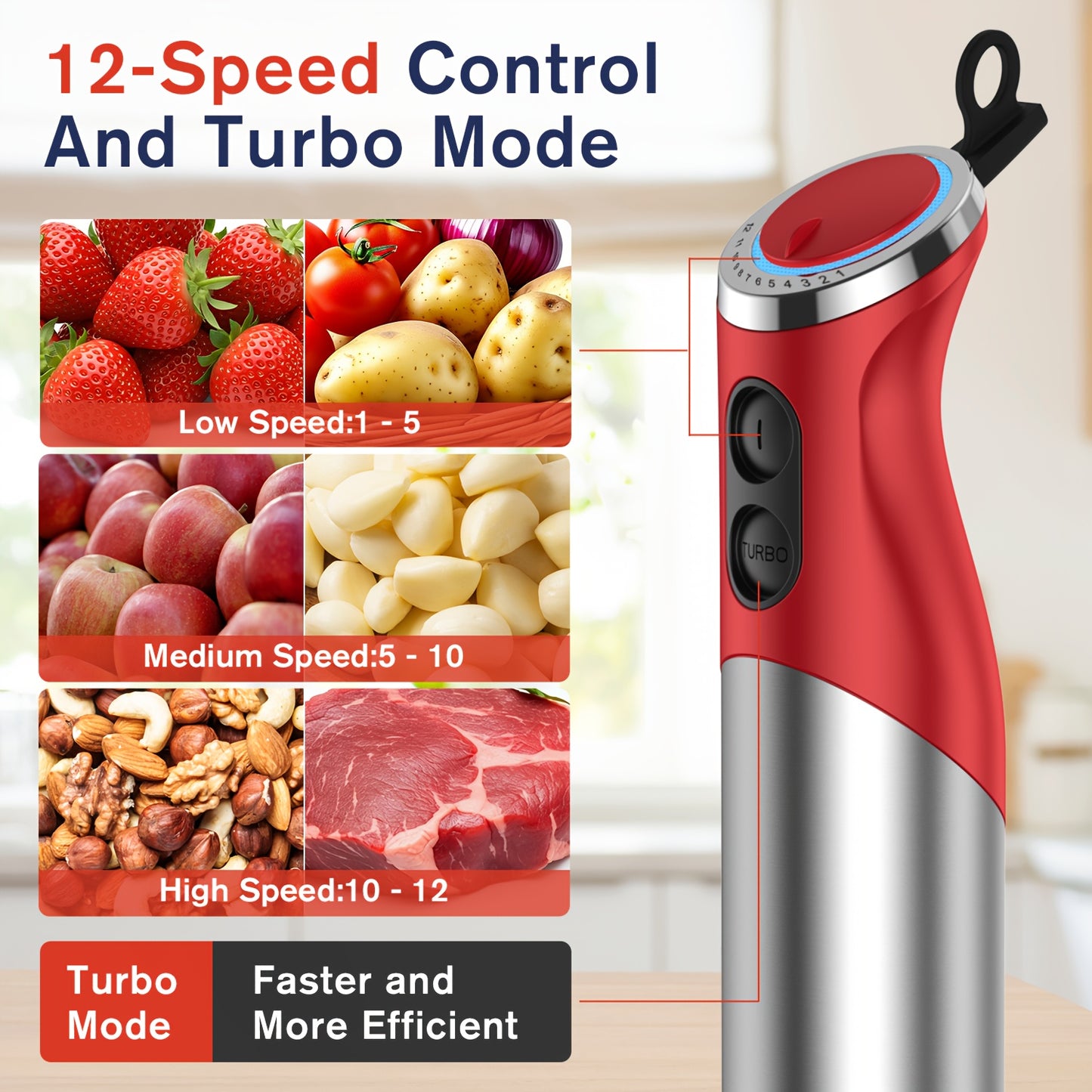 Tenker 5 In 1 Immersion Hand Blender With 12 Speed Motor Stainless Steel Stick Chopper Whisk Milk Frother Cordless Red