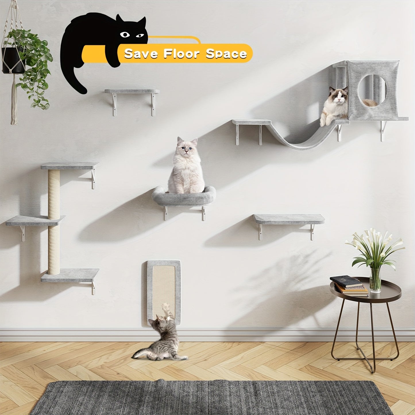 6 Pcs Deluxe Wall Mounted Cat Climbing Shelf Multi Level