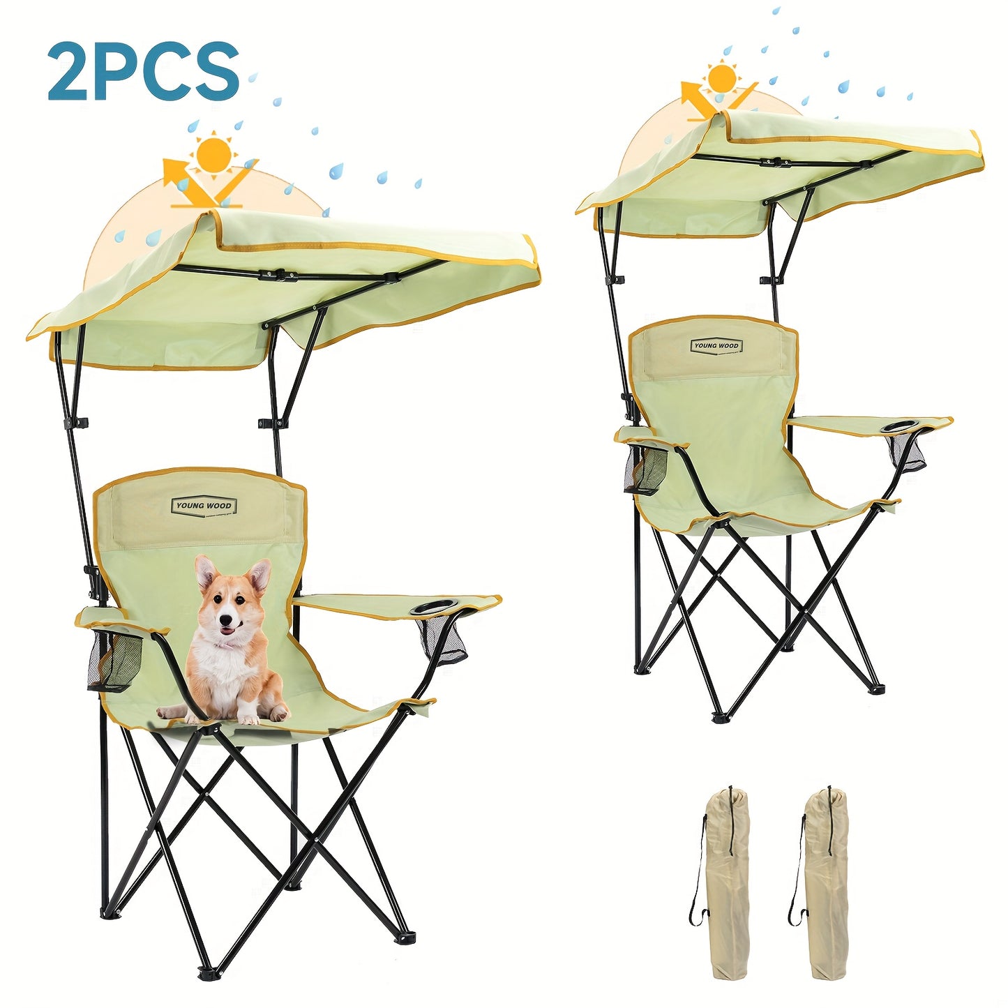 Outdoor Sunshade Chair With Adjustable Canopy And Armrests, Cup Holder, Foldable Storage Bag For Outdoor Use