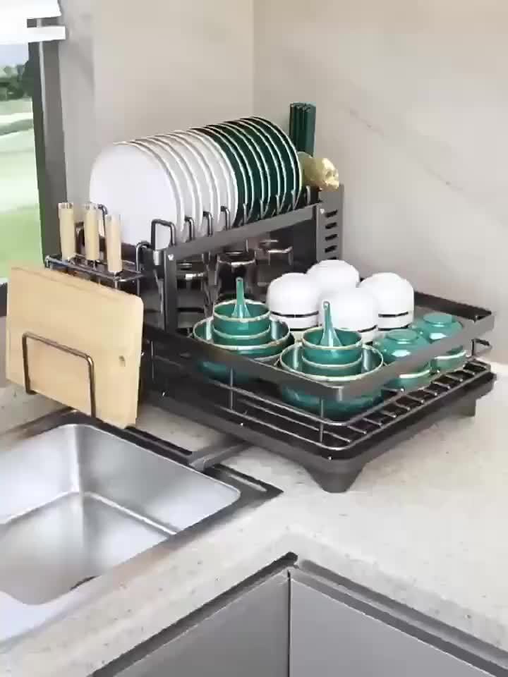 Double Tier Large Metal Cutlery Rack For Kitchen Space Saving Rustproof With Knife Fork Cup Holders And Draining Board