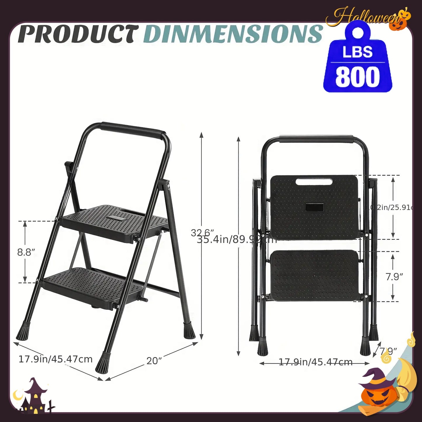 Heavy Duty 800lb Folding Step Ladder With Storage Shelf And Wide Non Slip Treads 2 To 4 Step Steel Ladder Black