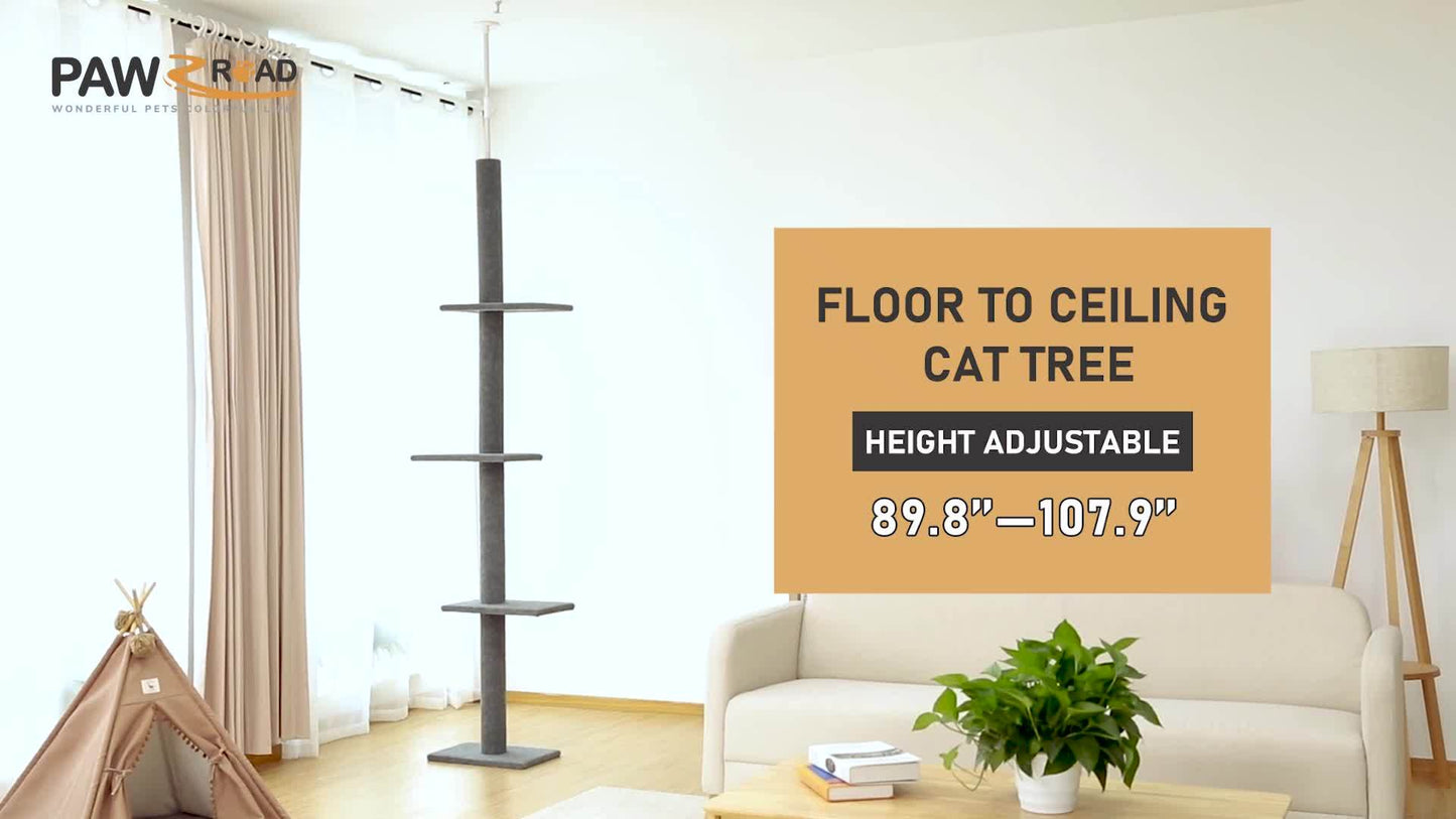 Floor To Ceiling Cat Tree Tower 4 Tier Adjustable Height 90 To 107 Inches Gray Black Khaki