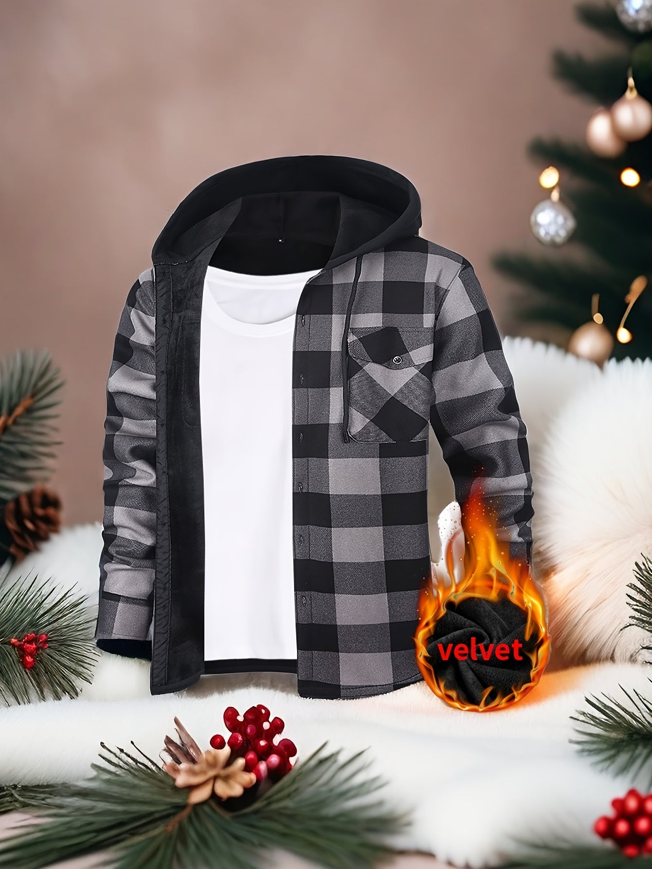 Mens Hooded Plaid Shirt Jacket Winter Thickened Coat